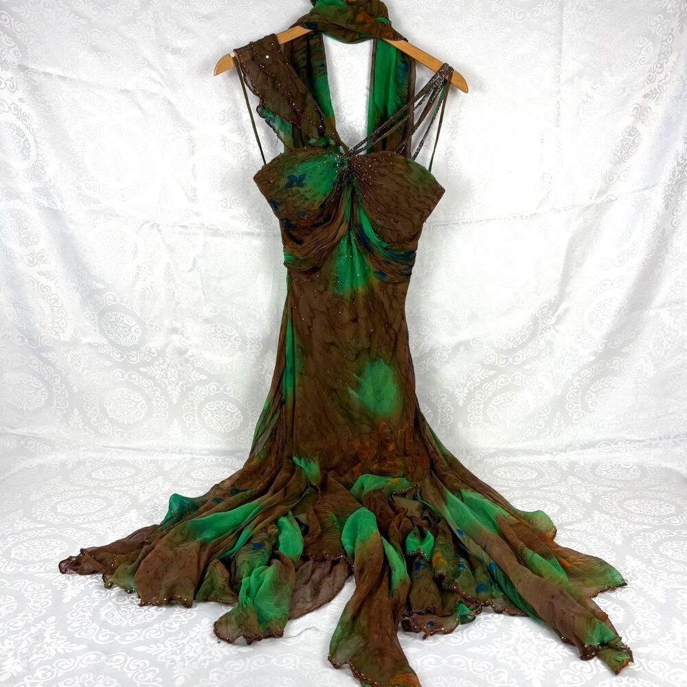 Alberto Makali Dress 100% Silk Beaded Sequin Fairy Bias Cut Gown Event Guest 8
